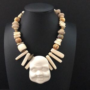 Vintage Beaded Buddha Face Necklace Ceramic Stone 16” Statement Unusual